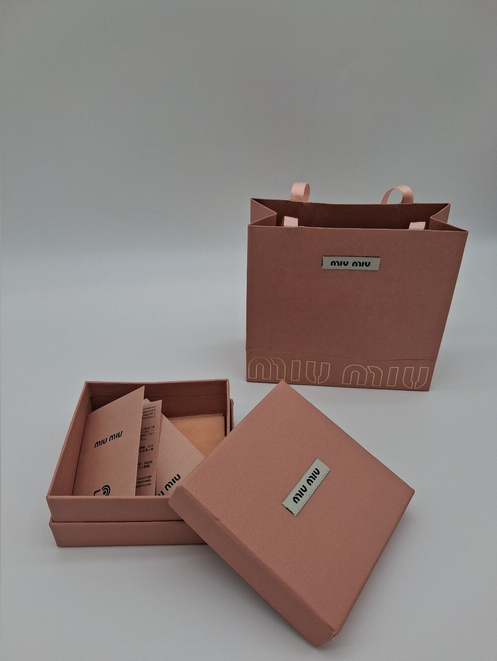MIU MIU Pink Gift Packaging Set Box Bag Tissue RFID Booklet Cards EUC